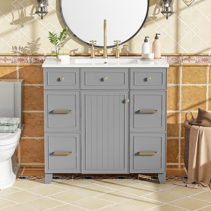 36"Bathroom Vanity with Ceramic Sink, Wood Frame,Soft Close Doors,Adjustable Shelves,3 Drawers,Including Double-Depth Drawer