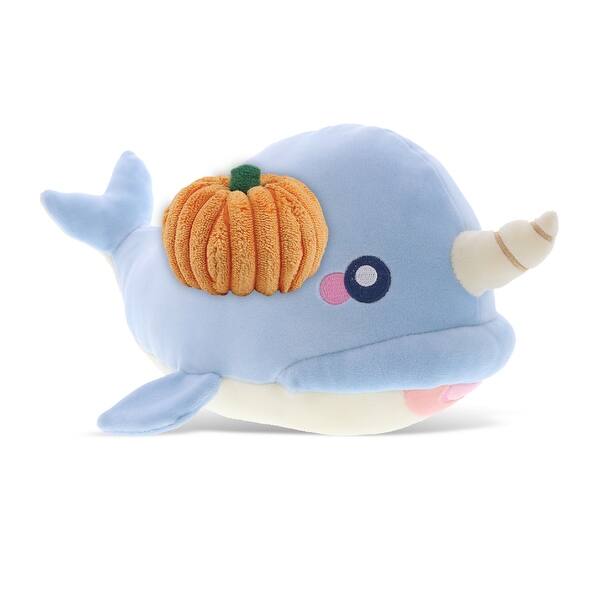 slide 2 of 6, DolliBu Baby Soft Blue Narwhal Stuffed Animal with Pumpkin Decor - 11.75 inches