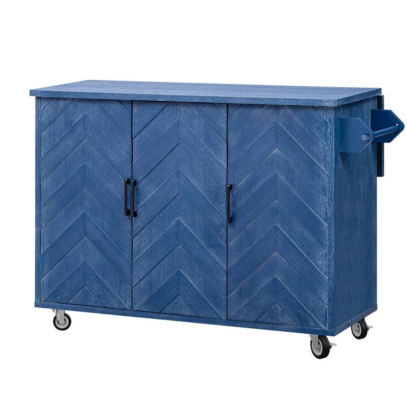 Farmhouse Style 51.2" Rolling Kitchen Island with 3D Wave Stripes Ash Veneer, Drop Leaf & Storage Racks