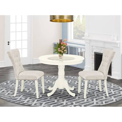 3-Piece Linen White Finish Solid Wood Top - Round Dining Room Set - Seats 4