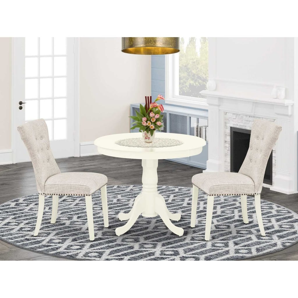 3-Piece Linen White Finish Solid Wood Top - Round Dining Room Set - Seats 4