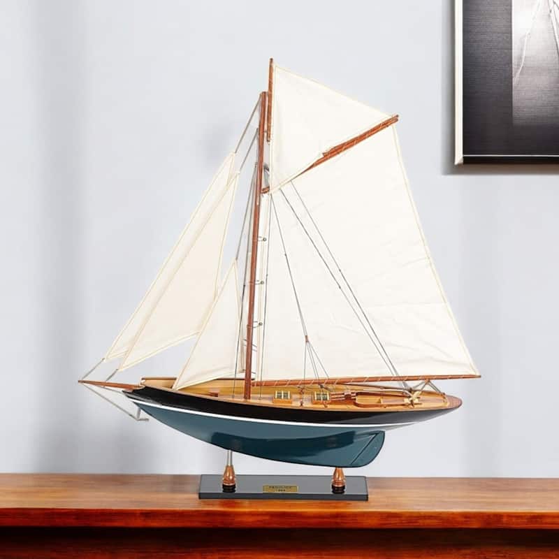 HomeRoots 31" Black Blue And White Solid Wood Pen Duick Hand Painted Model Sail Boat - 26.5' X '30.7' X '5