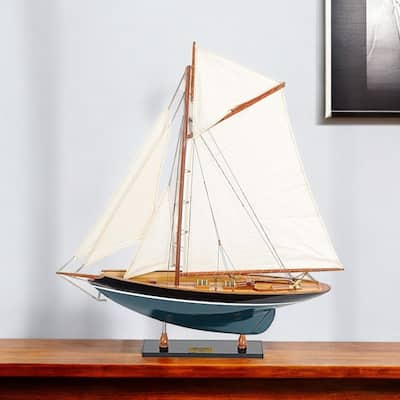 HomeRoots 31" Black Blue And White Solid Wood Pen Duick Hand Painted Model Sail Boat - 26.5' X '30.7' X '5