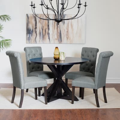 5 Piece Round Dining Table Set, Dining Room Furniture Set with Cross-Buck Dining Table and 4 Upholstered Chairs