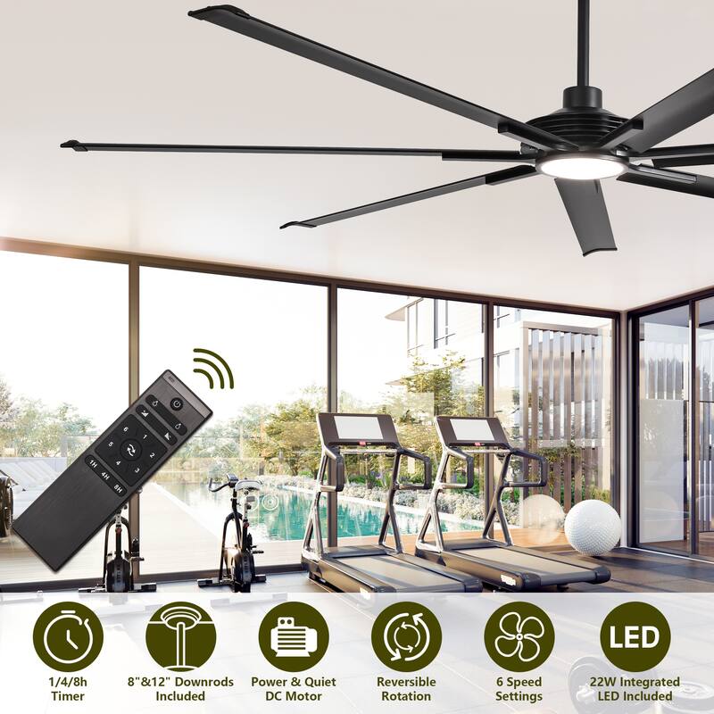 84" Matte Black Dimmable Large Industrial Ceiling Fan with LED Light and Remote - 84 in. D x 84 in. W x 15.3 in. H