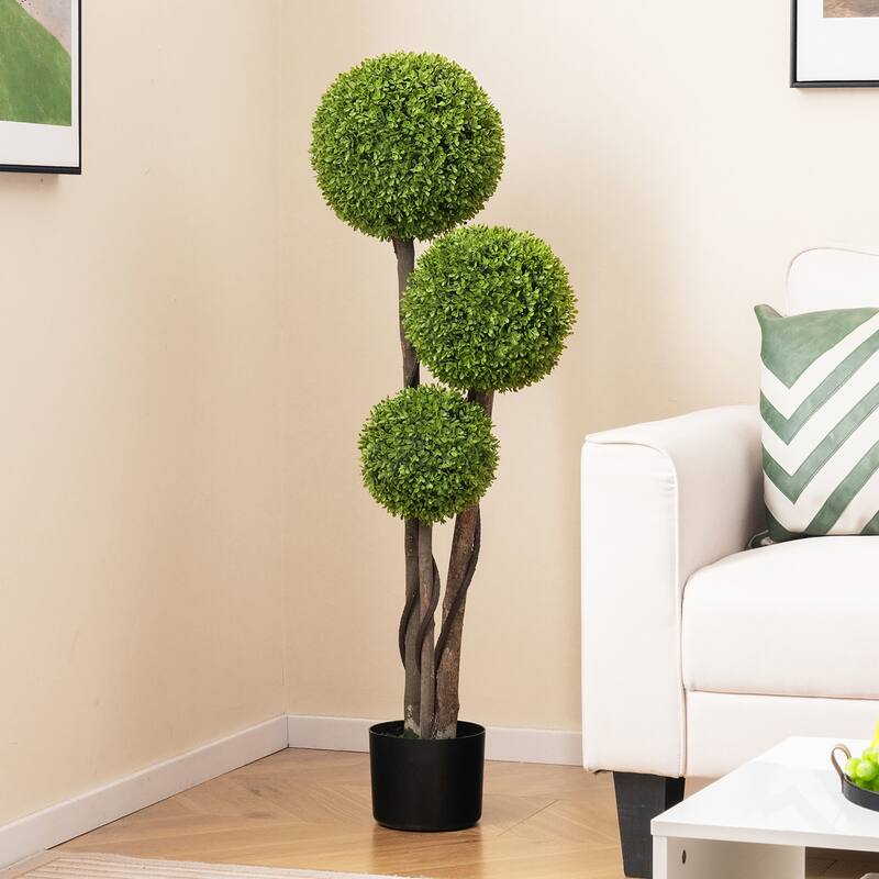 Gymax 4 FT Artificial Boxwood Topiary Ball Tree w/ Triple Ball Faux