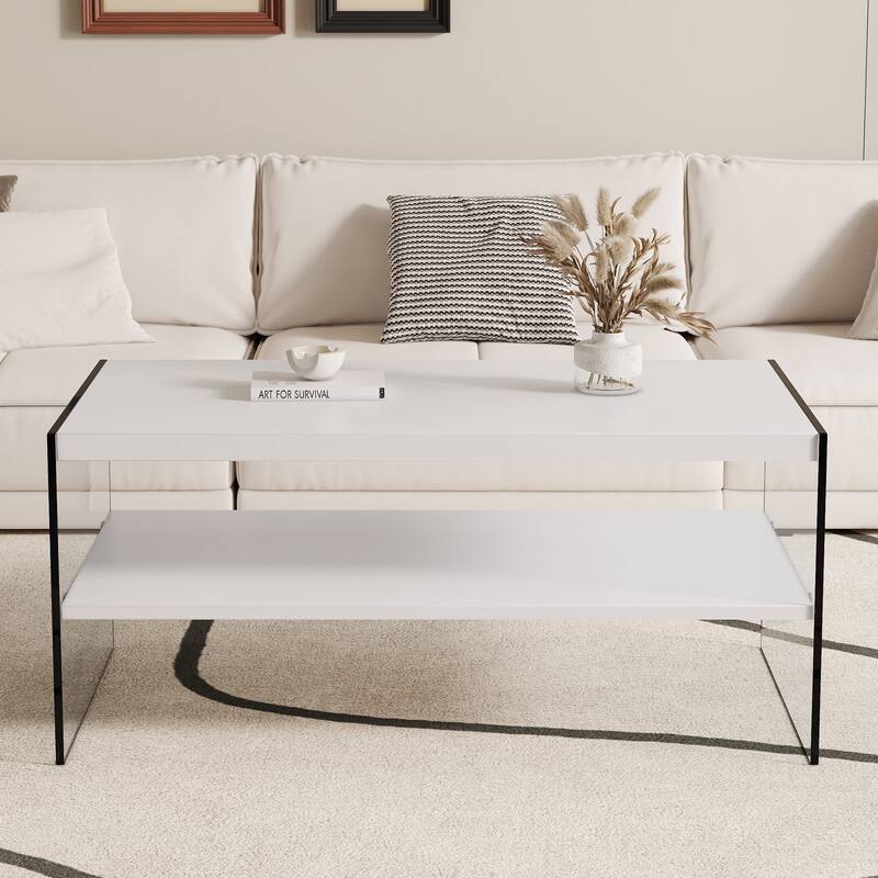 43.3" Modern Rectangular Coffee Table with Tempered Glass Legs and Storage Shelf