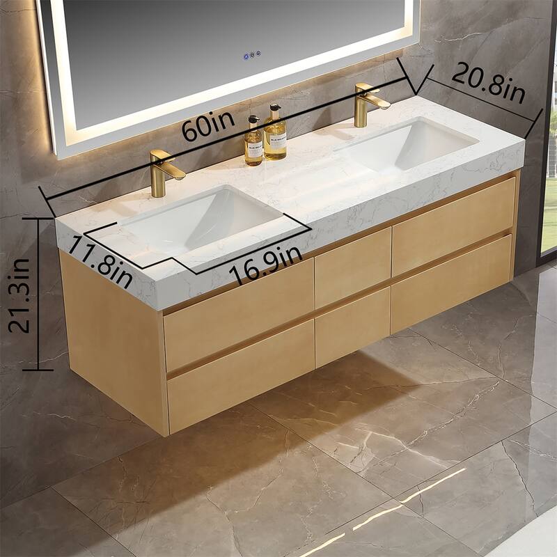 48 in./ 60 in. Solid Wood Wall-Mounted Bathroom Vanity Set in Maple with Engineered Stone Top and Ceramic Sink