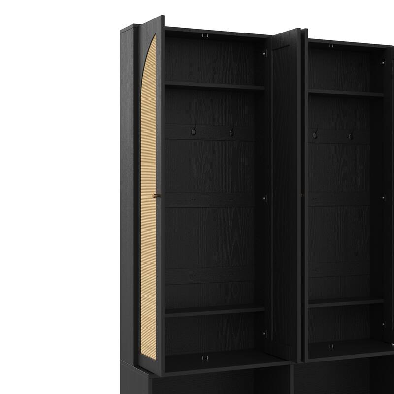 Farmhouse Widen Hall Tree With 4 Rattan Doors, Versatile 4-In-1 Seating Bench With 6 Hooks,Shoe Cabinet With Adjustable Shelf