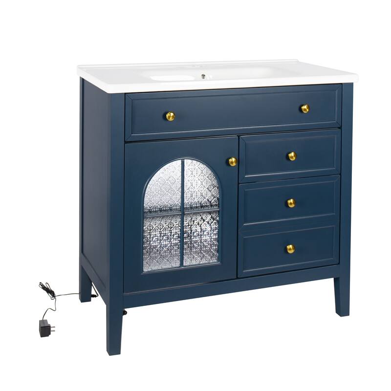 Freestanding 36" Bathroom Vanity Sink Cabinet with Motion-sensor Light Strip, Patterned Glass & Drawers