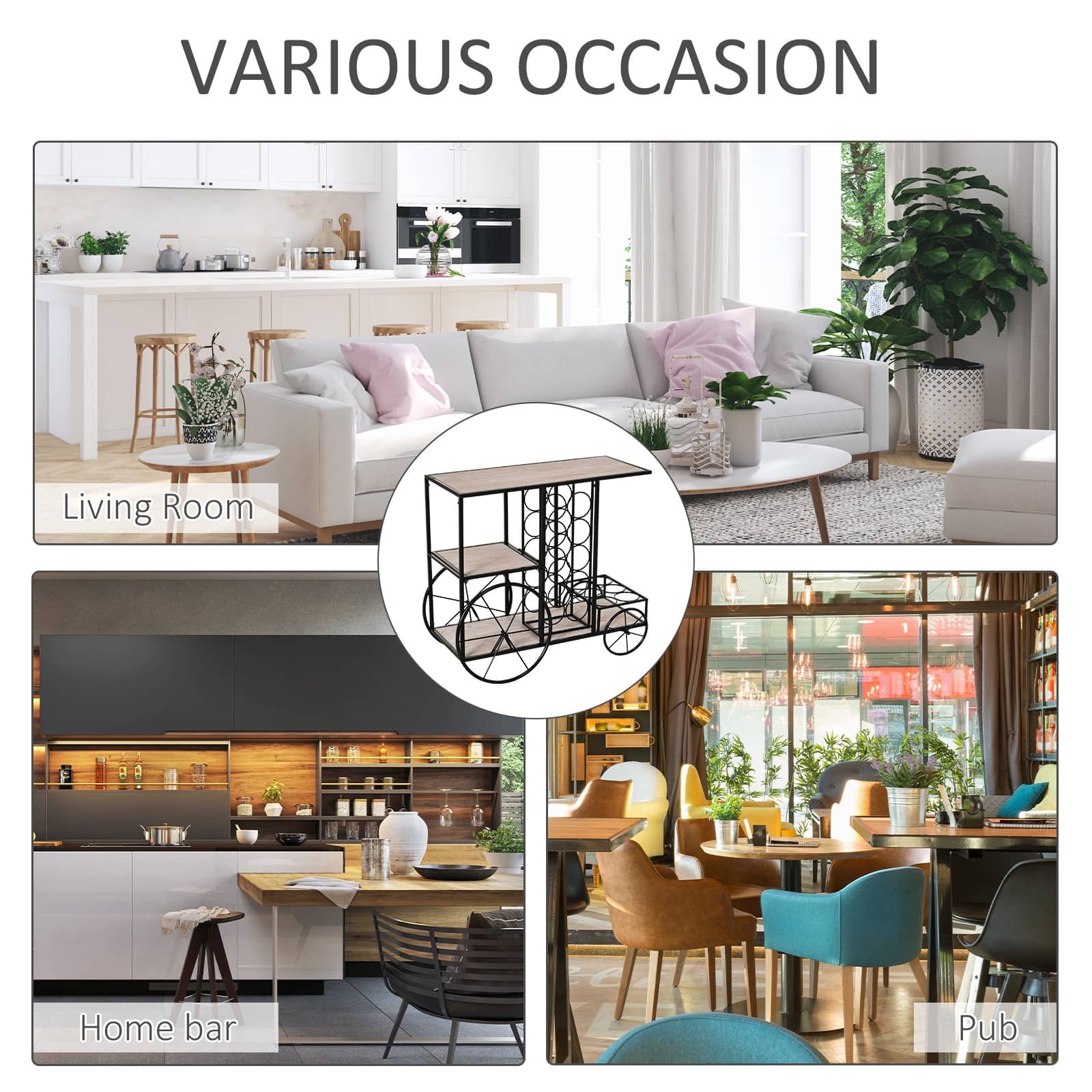 16Bottle Mobile Bar Cart with Wine Rack Storage, Featuring an