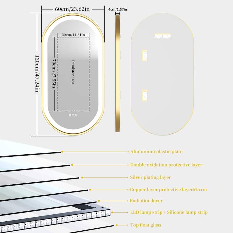 Oval LED Bathroom Mirror Light Wall Mounted with Metal Frame Anti-Fog