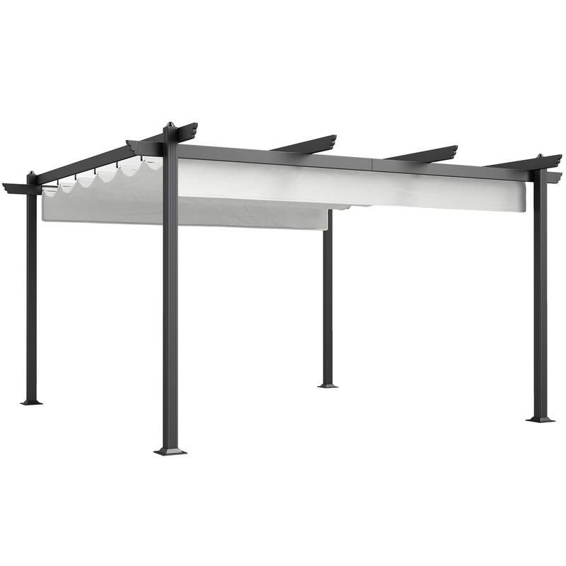 Retractable Aluminum Pergola with 180g Polyester Canopy UPF 30 Plus Gray White for Patio Garden or Terrace - White