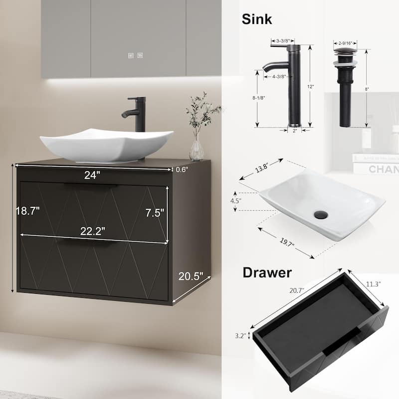 Modern Wall Mounted Bathroom Vanity Set with Vessel Sink & Faucet