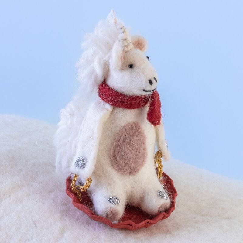 Handmade Sledding Unicorn Felt Ornament (Nepal)