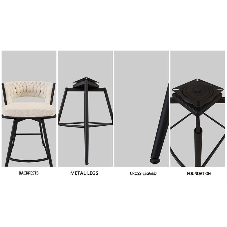 Bar Stool Set of 2, Upholstered Swivel Bar Stool with Woven Back and Armrest, Kitchen Island Chairs with Footrest