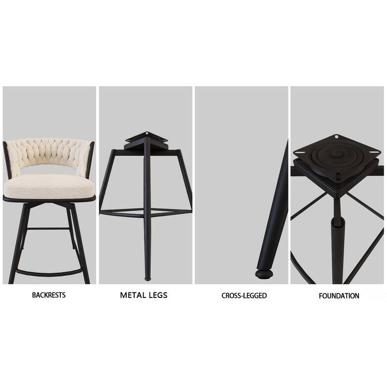Suede Woven Bar Stool Set of 4, No Adjustable Kitchen Island Chairs,360 Swivel Upholstered Counter Stool with Back Footrest