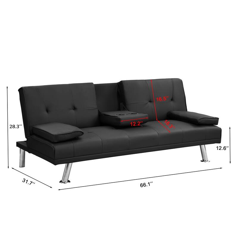 2-Seat Leather Sofa Bed with Armrests, Stainless Steel Legs, Wood Frame, Reclining Futon for Living Room, Office, Bedroom