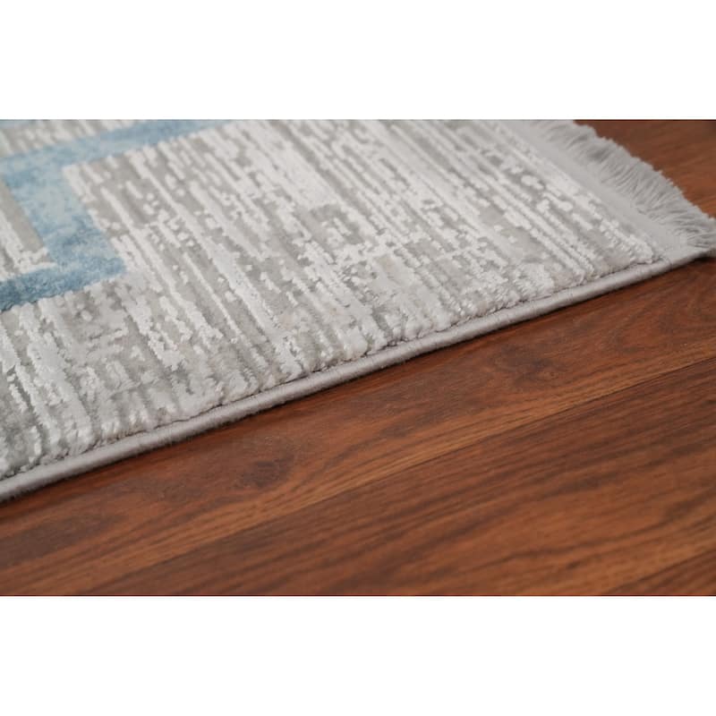 Machine Made Oriental Polyester Carpet Geometric Greys & Charcoal Distressed Area Rug - 7' 5'' X 5' 2''