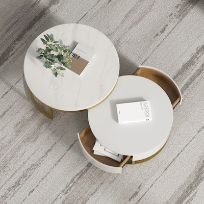 White Round Coffee Table with Storage White Marble Nesting Coffee Table with Rotatable Drawers