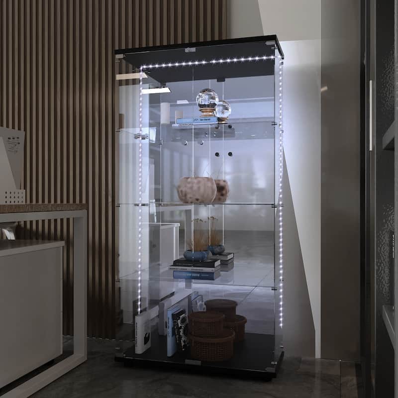 Glass Display Cabinet,Liquor Cabinet,File Cabinet,With Bluetooth Led Strip Light,Lock On The Door,Back Panel Is Mirror