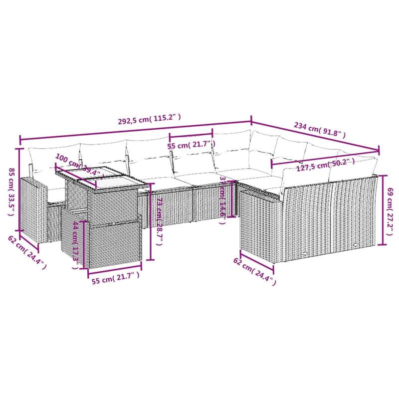 vidaXL Patio Sofa Set with Cushions Table and Sofa Modules 10 Piece Poly Rattan - 21.7 x 39.4 x 28.7