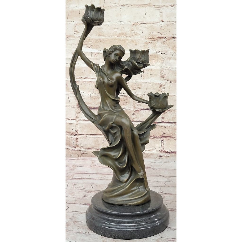 Art Nouveau Candle Holder Candelabra Female Figure Bronze Sculpture By Kin