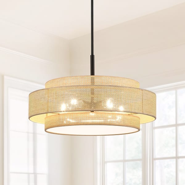 slide 2 of 12, Bayou 5-Light Black Coastal Drum Chandelier with Double Rattan Shade - 24''W 24''W