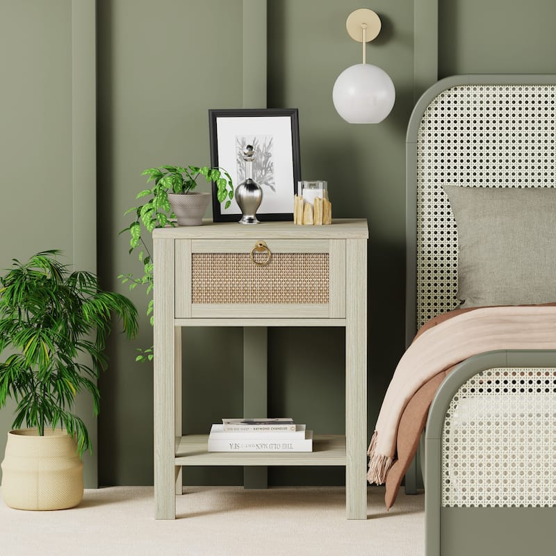 SICOTAS Farmhouse 1-Drawer Rattan Nightstand Set of 2