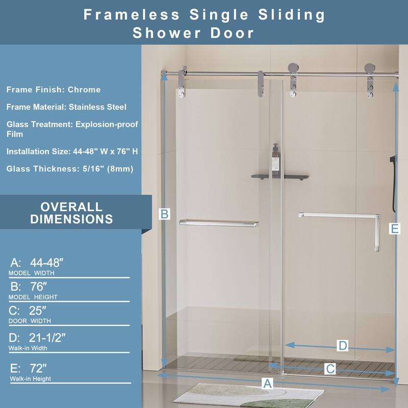 ABRUZZO 44-48" W x 76" H Single Sliding Frameless Shower Door in Chrome with 5/16" (8mm) Tempered Glass Dual Towel Bars