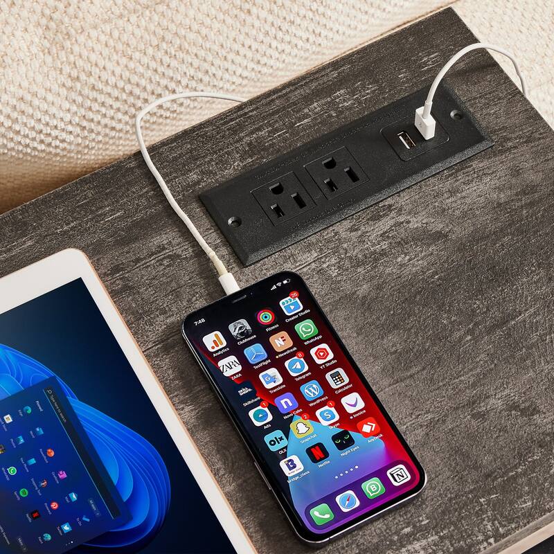 VECELO Industrial Rectangular Wood Console Table with AC Power and USB Charging Ports