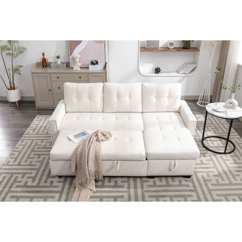 77 Inch Reversible Sectional Sleeper Sofa, 2 Seats with Storage Chaise, Beige Velvet