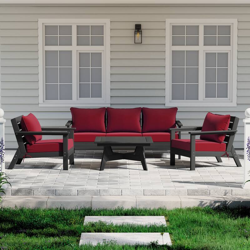 Birchwood All Weather HDPE Outdoor Patio Black Deep Seating Conversation Set (6-Piece Set) - Black/Red
