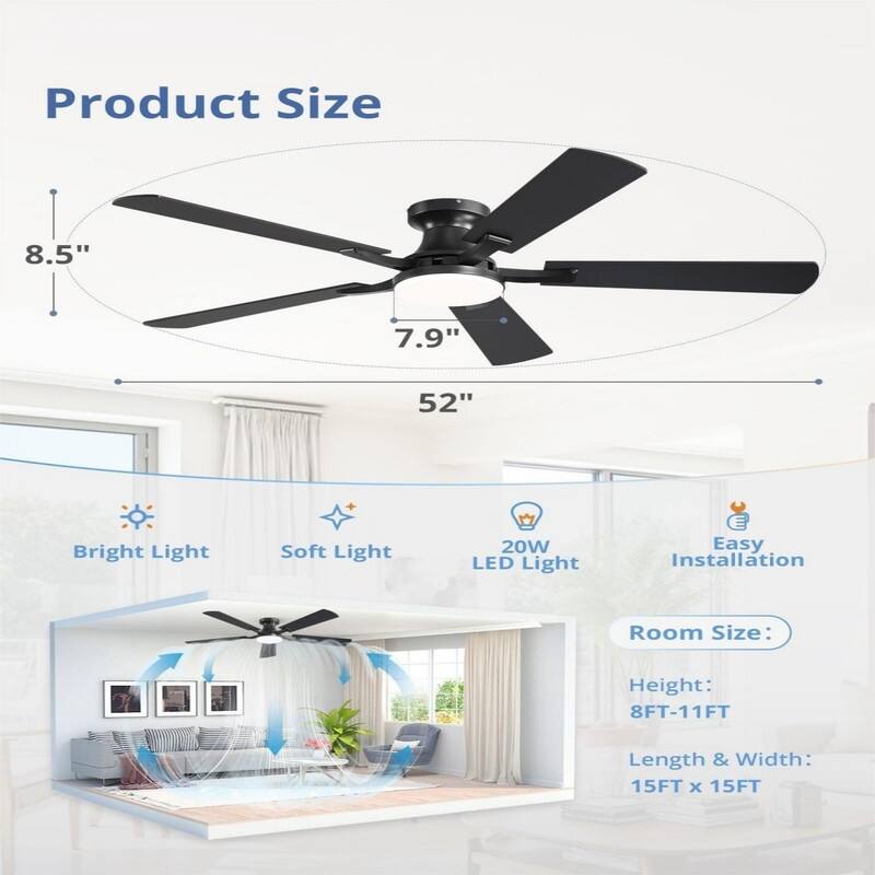 20W Dimmable LED Ceiling Fan with Light, App & Remote Control, Flush Mount Low Profile, Quiet Reversible Motor for Bedroom
