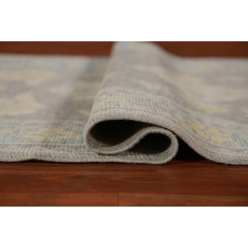 Hand Knotted Oriental 100% Wool Carpet Transitional Floral Greys & Charcoal Oushak Runner Rug - 14' 7'' X 3' 4''