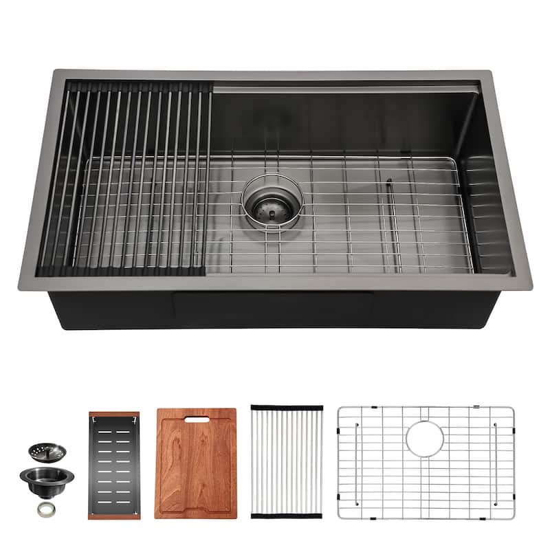Gunmetal Black Workstation Kitchen Sink - 30"x 18"x 10" Single Bowl Workstation Undermount Kitchen Sink 16 Gauge Stainless Steel - Silver