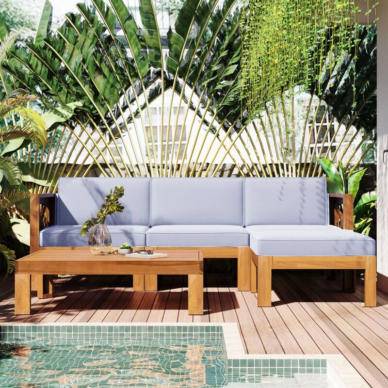 Wooden 5-Piece Sectional Patio Seating Set with Cushions & Tea Table, UV & Water Resistant