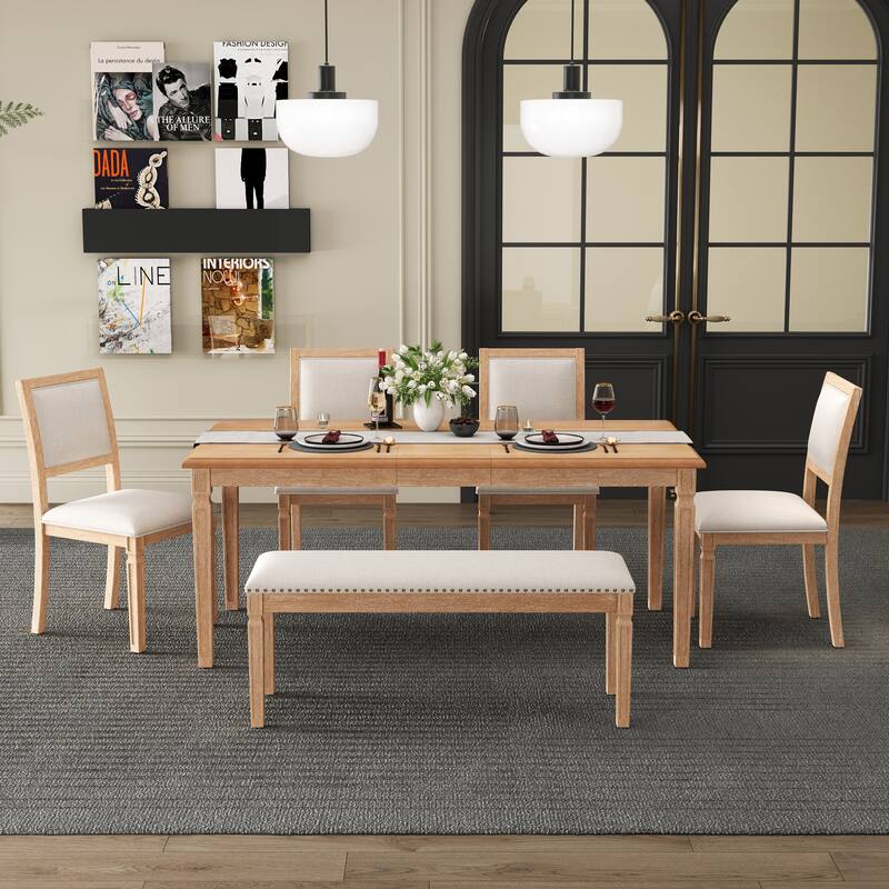6 Piece Dining Table Set Extension from 59 to 72-Inches, Wood Kitchen Dining Table Set with 4 Upholstered Chairs & Bench