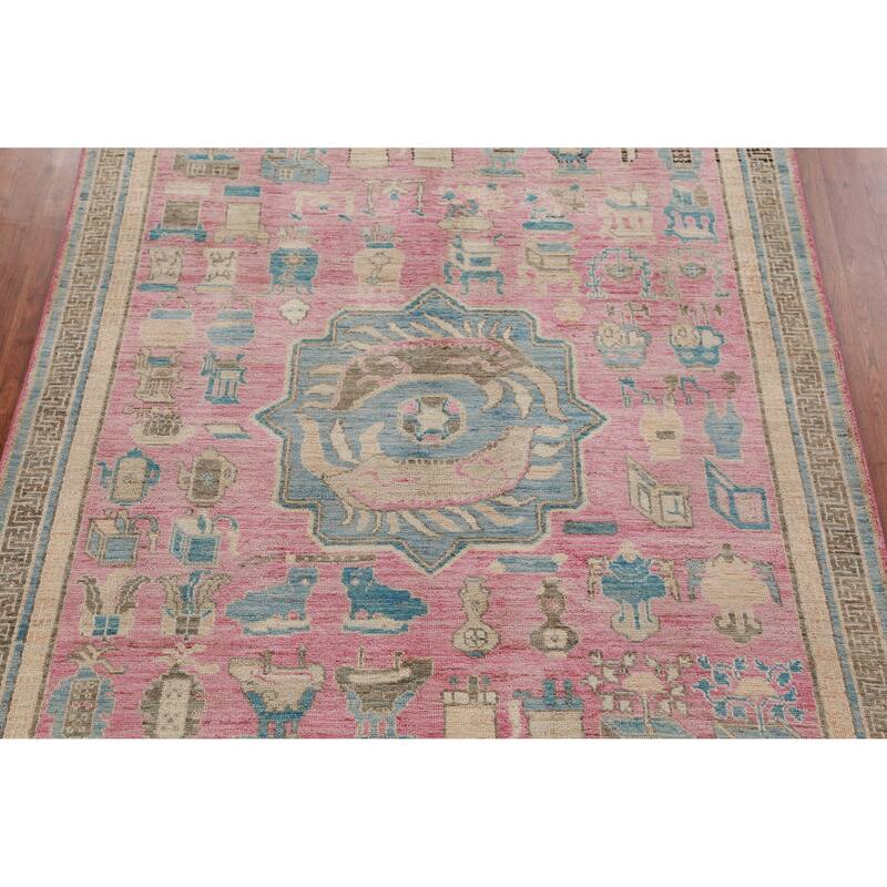 Hand Knotted Oriental 100% Wool Carpet Transitional Geometric Pink Oushak Area Rug - 7' 0'' X 5' 4''