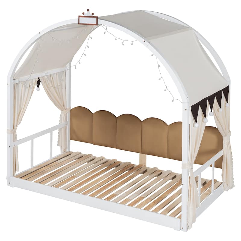 Wood Twin Size Bed Frame with Arched Roof, Floor Bed with Light and Curtain, Pull-out Kids Bed for Girls Boys Bedroom
