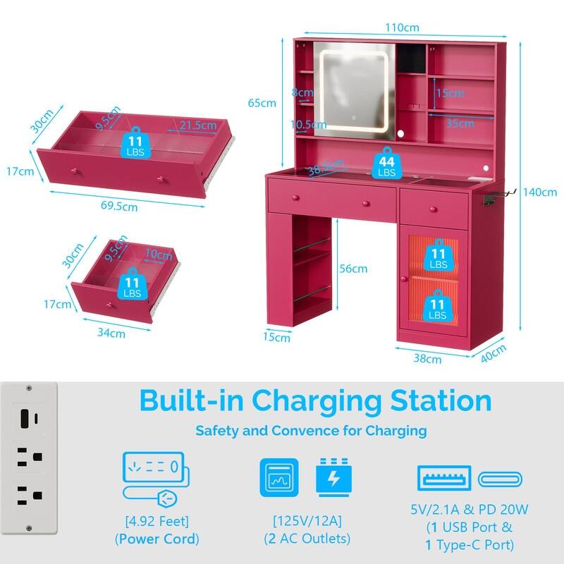 Particle Board Veneered , 2 Drawers, 1 Glass Door, Left and Right 2-tier Shelves, Glass Tabletop, Dressing Table - N/A