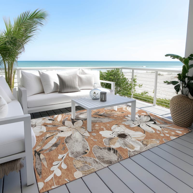Machine Washable Indoor/ Outdoor Floral Chantille Rug