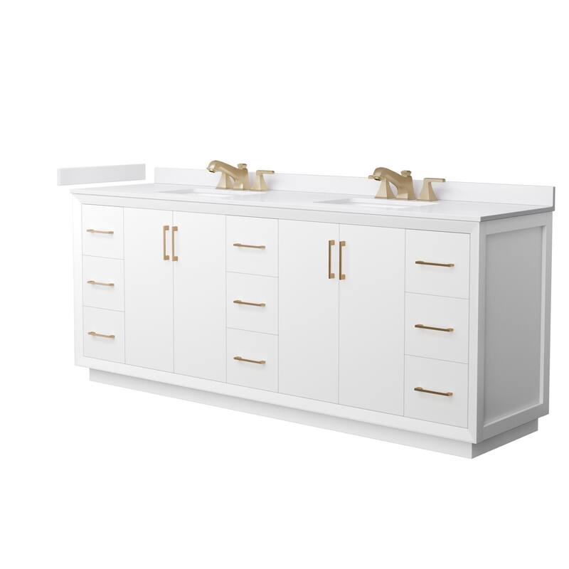 Wyndham Collection WCF4141-84D-VCA-US3MXX Strada 84" Free Standing - White / White Cultured Marble Top / Satin Bronze