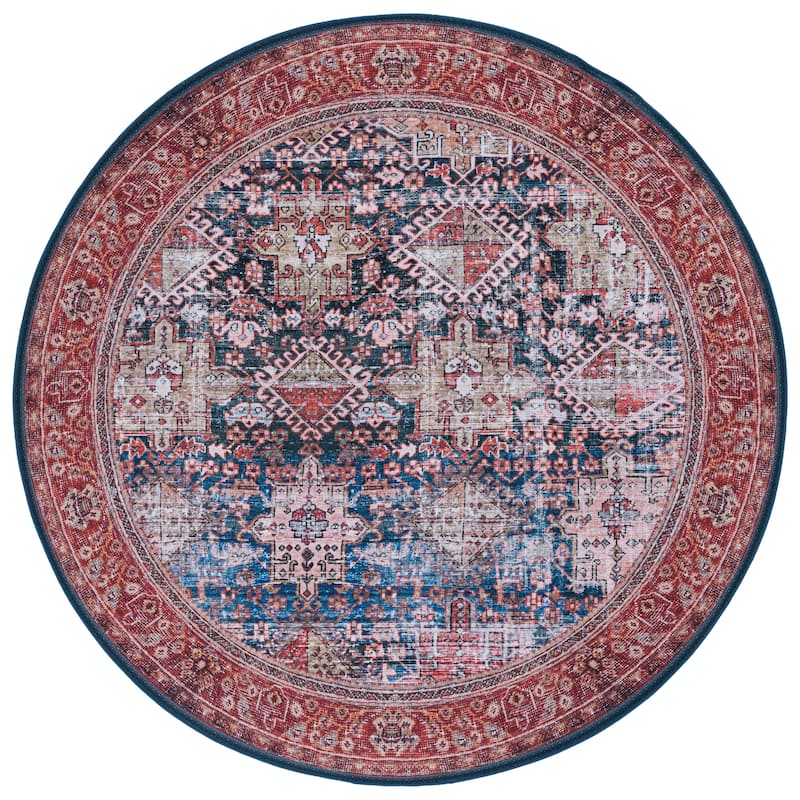 SAFAVIEH, Tucson Machine Washable Slip Resistant Jadwiga Traditional Rug - 6' Round - Navy/Rust