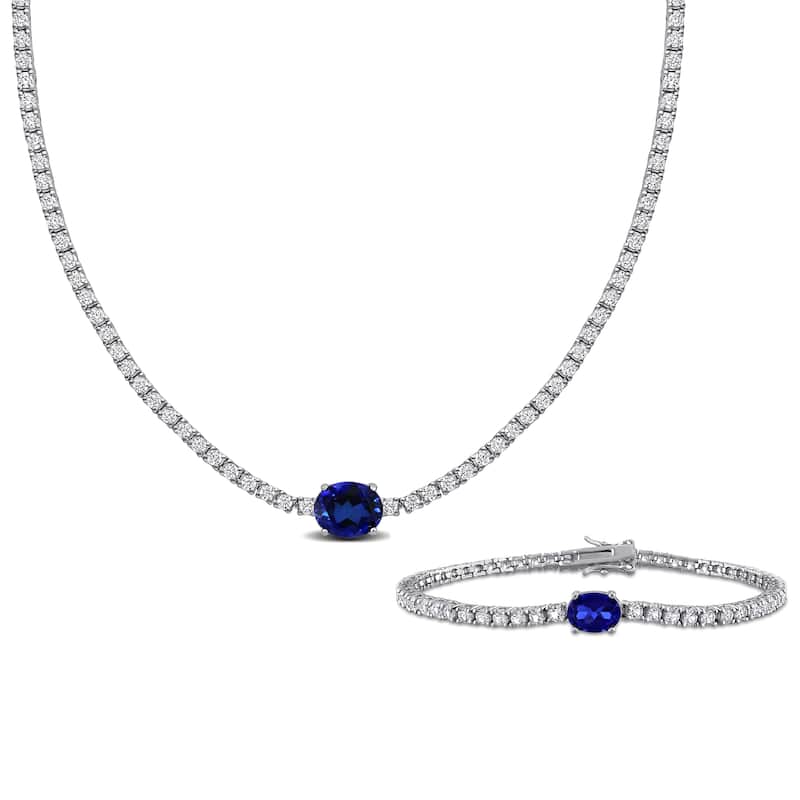 Miadora Sterling Silver Created Gemstone Necklace and Bracelet Set - Blue