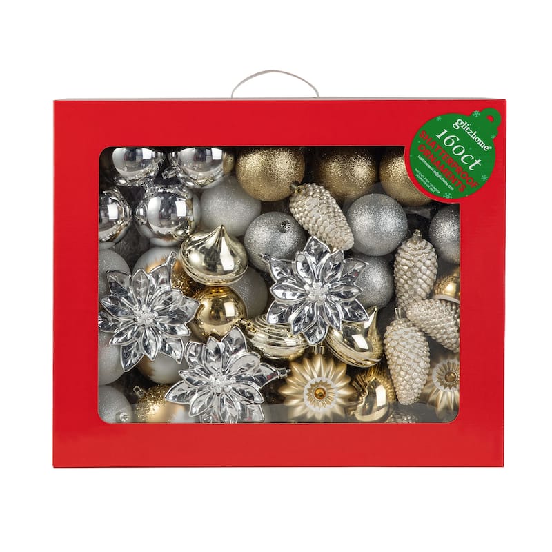 Glitzhome 160ct Christmas Elegant 29-Finish Ball Boxed Shatterproof Ornaments