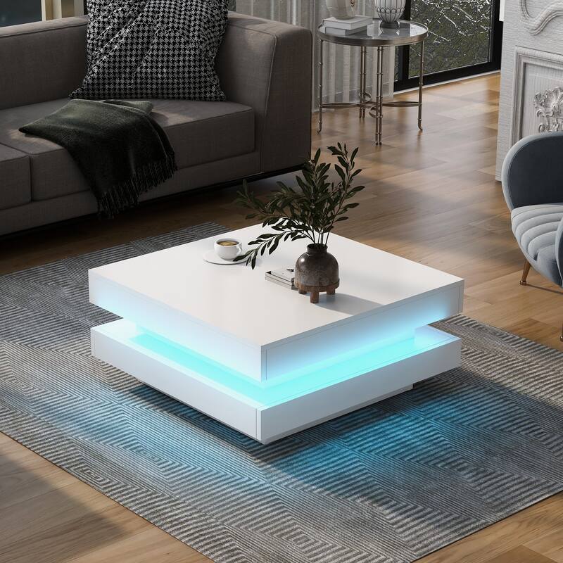 Modern High Gloss Square Coffee Table with LED Light, 2-Tier Center Table for Living Room - White