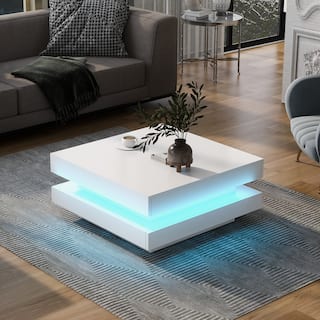 Modern High Gloss Square Coffee Table with LED Light, 2-Tier Center Table for Living Room