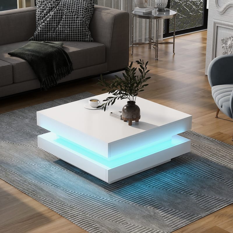 ON-TREND High Gloss Minimalist Design with LED Lights, 2-Tier Square Coffee Table