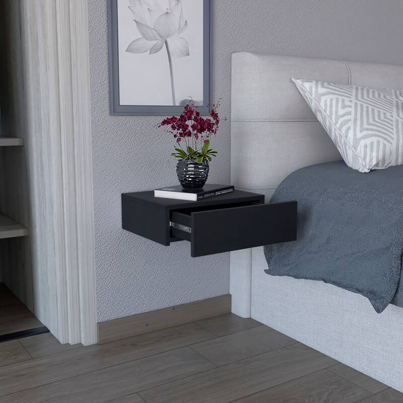 Floating Wall-Mounted Nightstand with Drawer, Black - Space-Saving Bedroom or Living Room Table